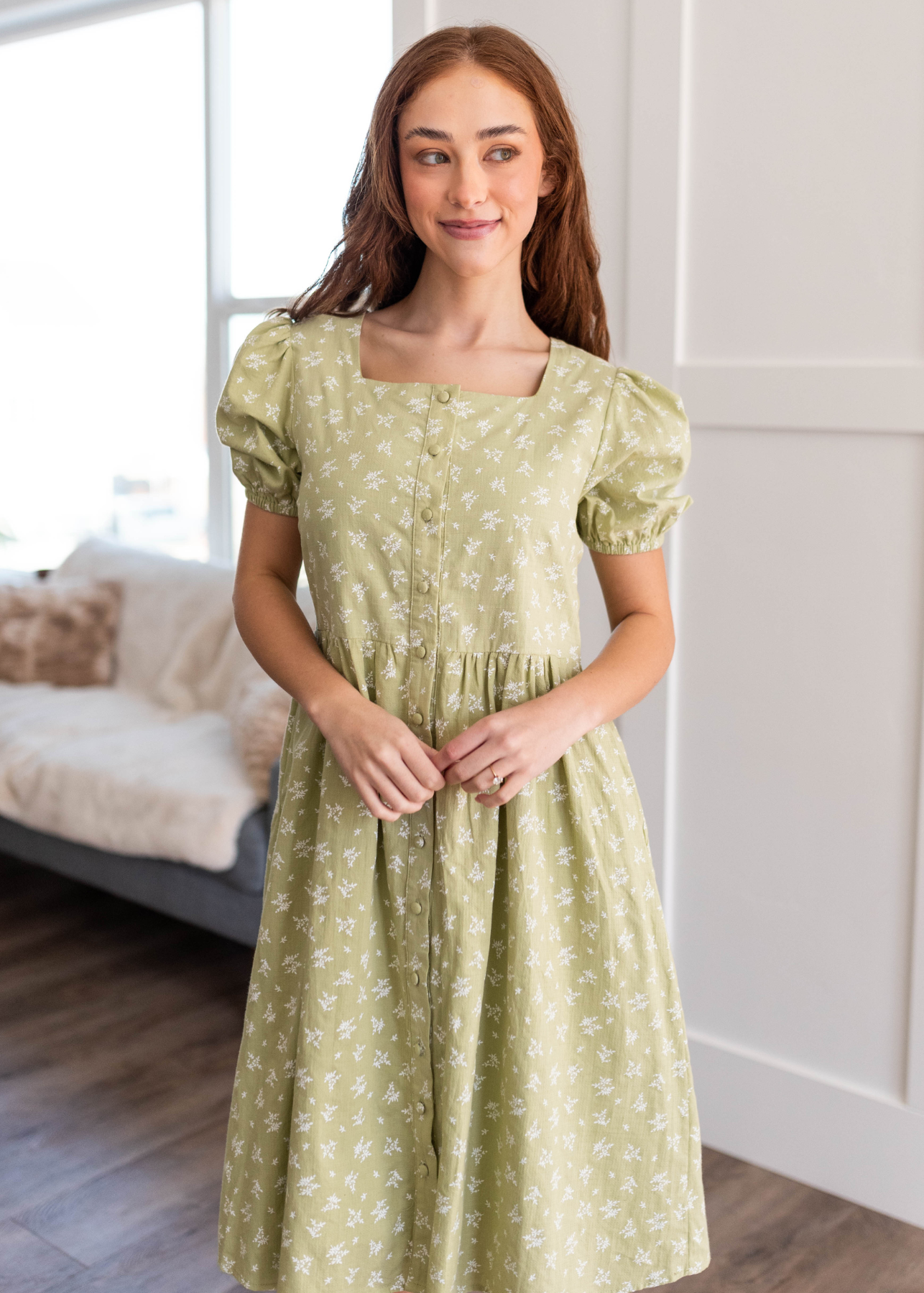 Short sleeve sage button down dress