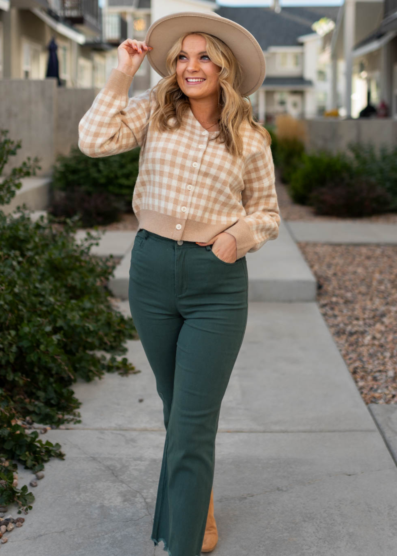 Long sleeve taupe checkered cardigan