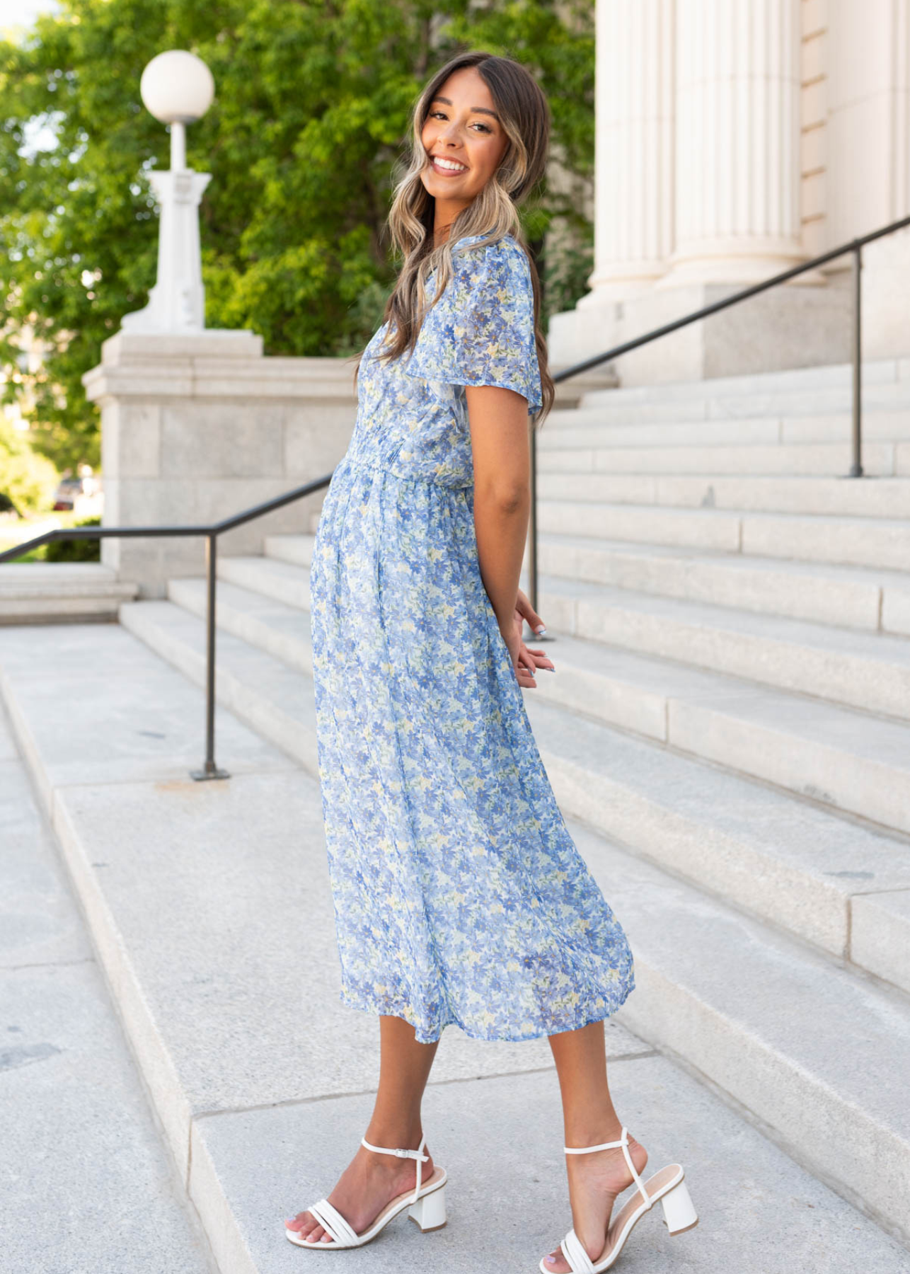 Side view of the blue floral dress