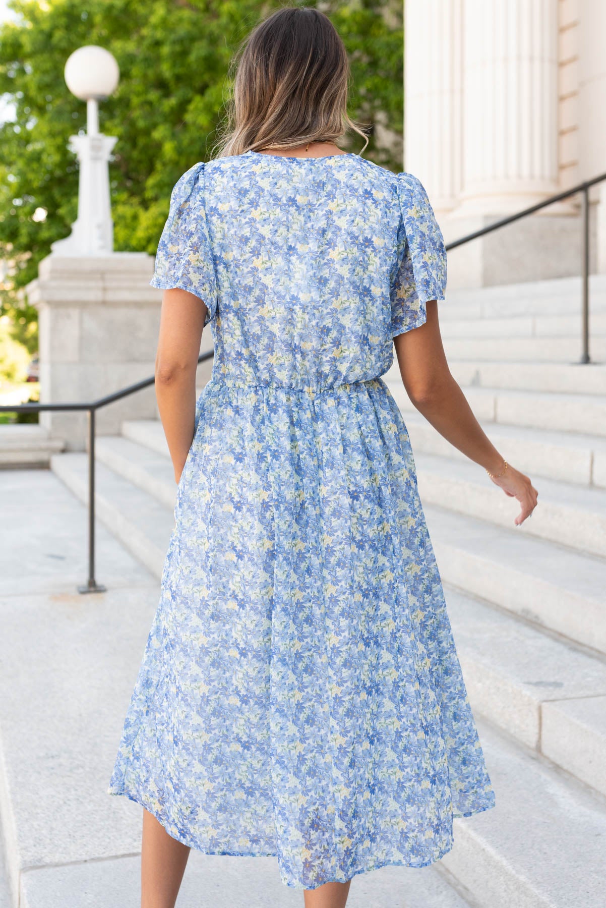 Back view of the blue flroal dress