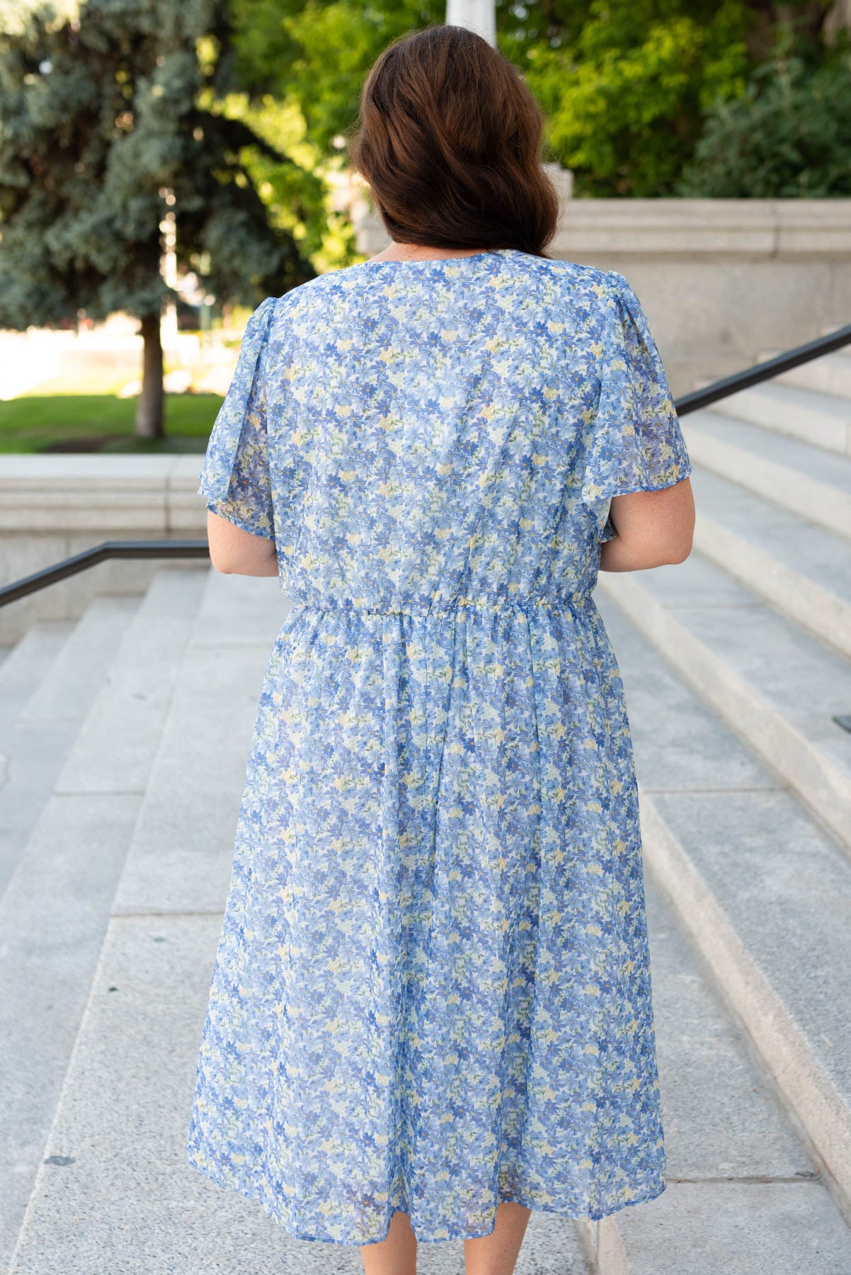 Plus size back view of the blue floral dress