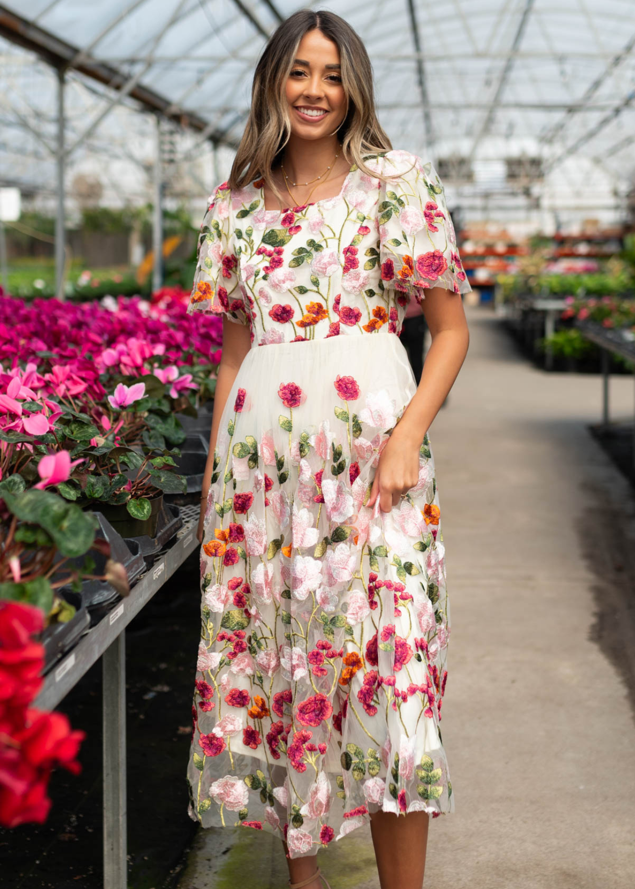 Bright color magenta floral embroidered mesh dress with short sleeves