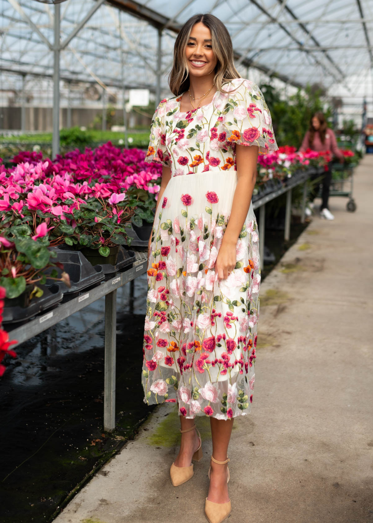 April Magenta Floral Embroidered Mesh Dress