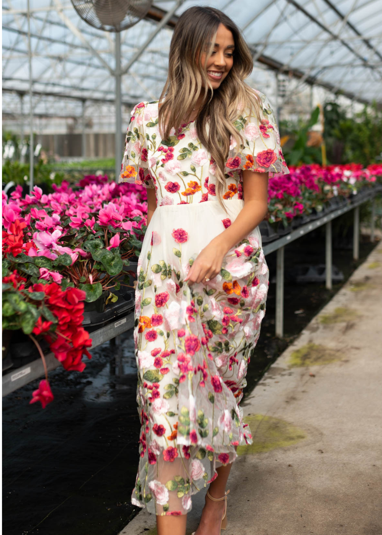 Magenta floral embroidered mesh dress with a ivory background