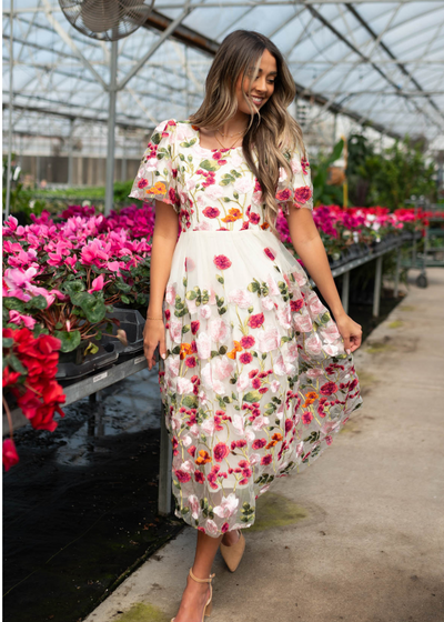 Short sleeve magenta floral embroidered mesh dress with a round neck