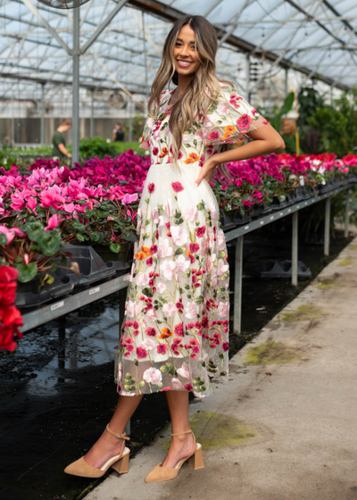 Magenta floral embroidered mesh dress