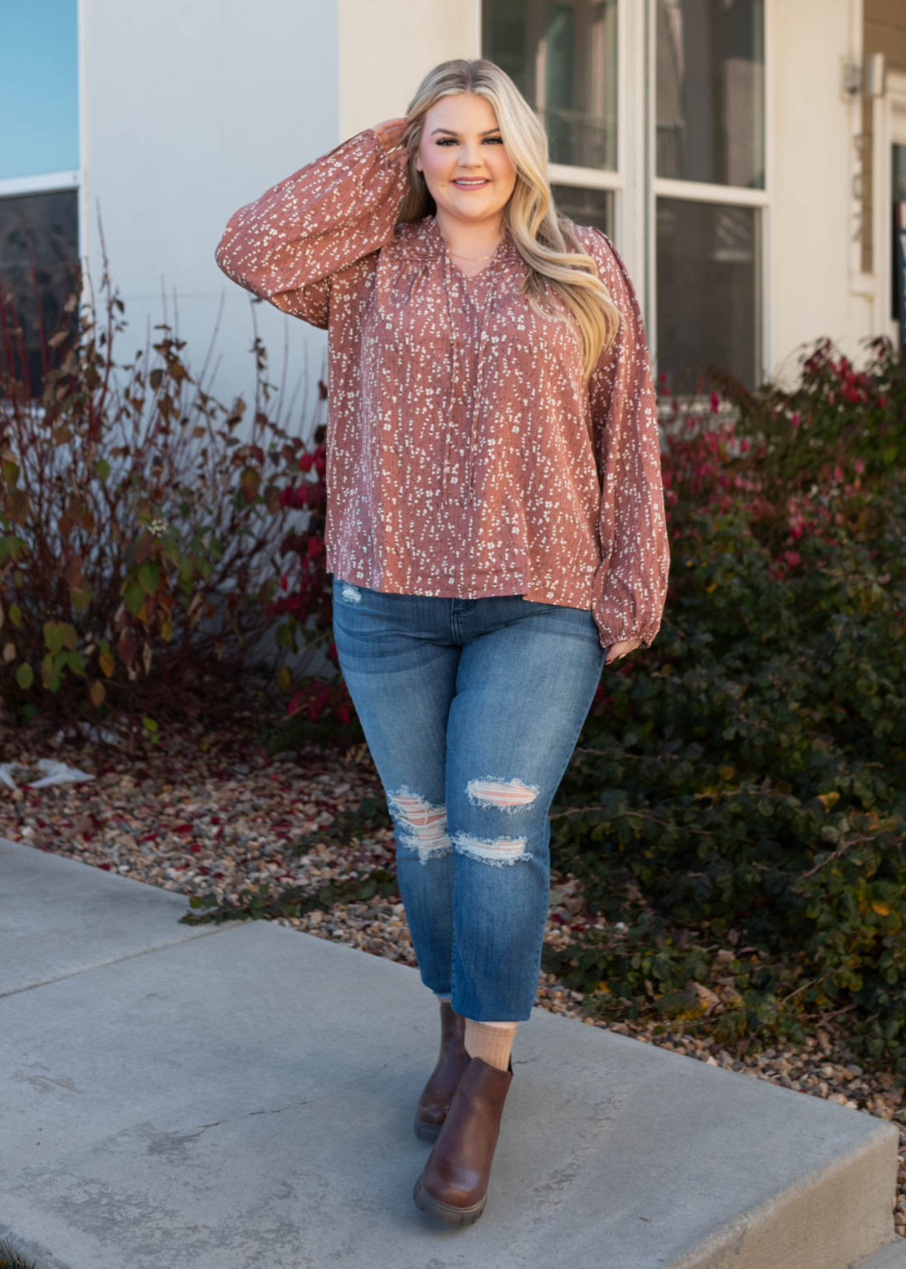 Plus size long sleeve marsala floral blouse