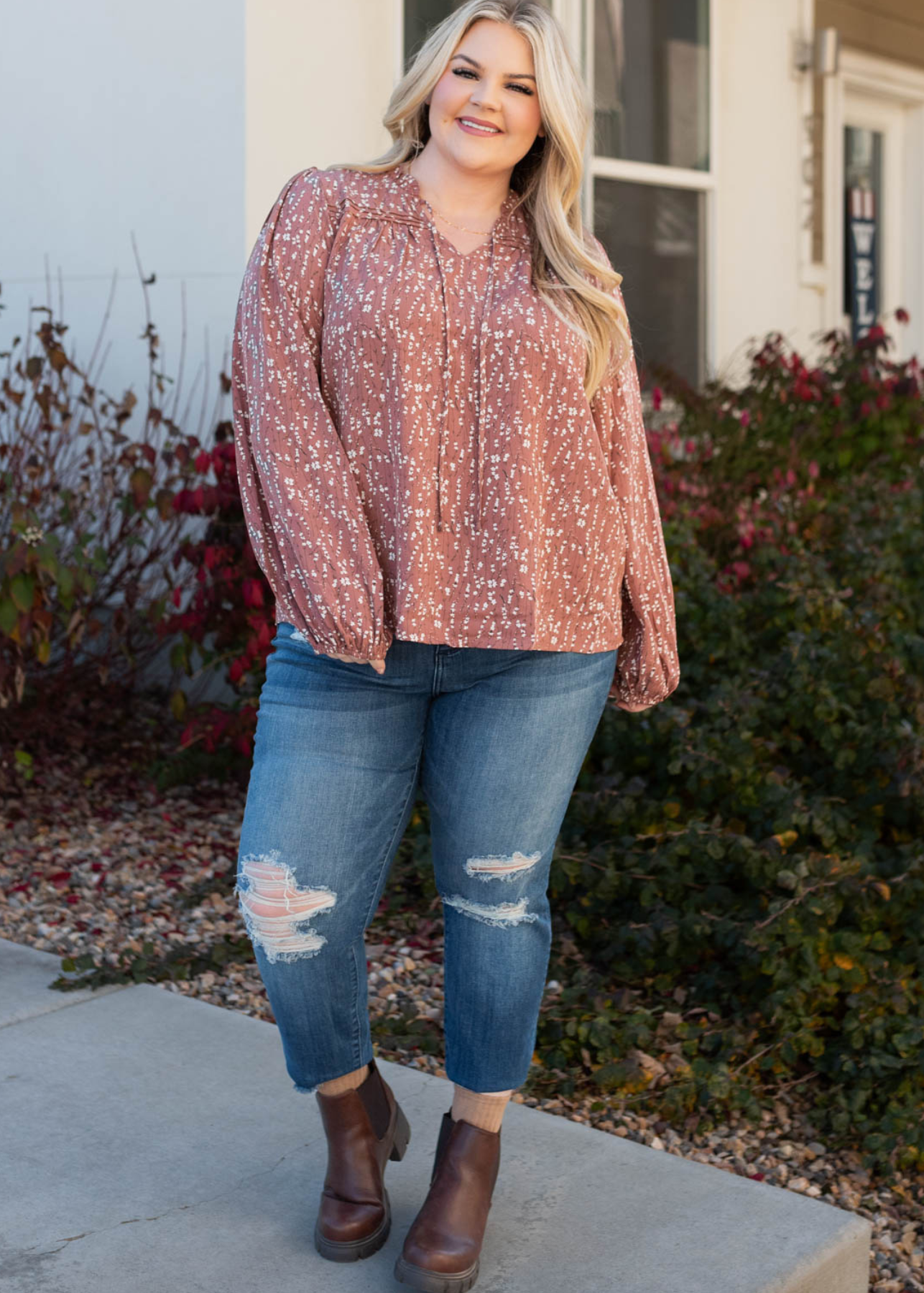 Plus size marsala floral blouse