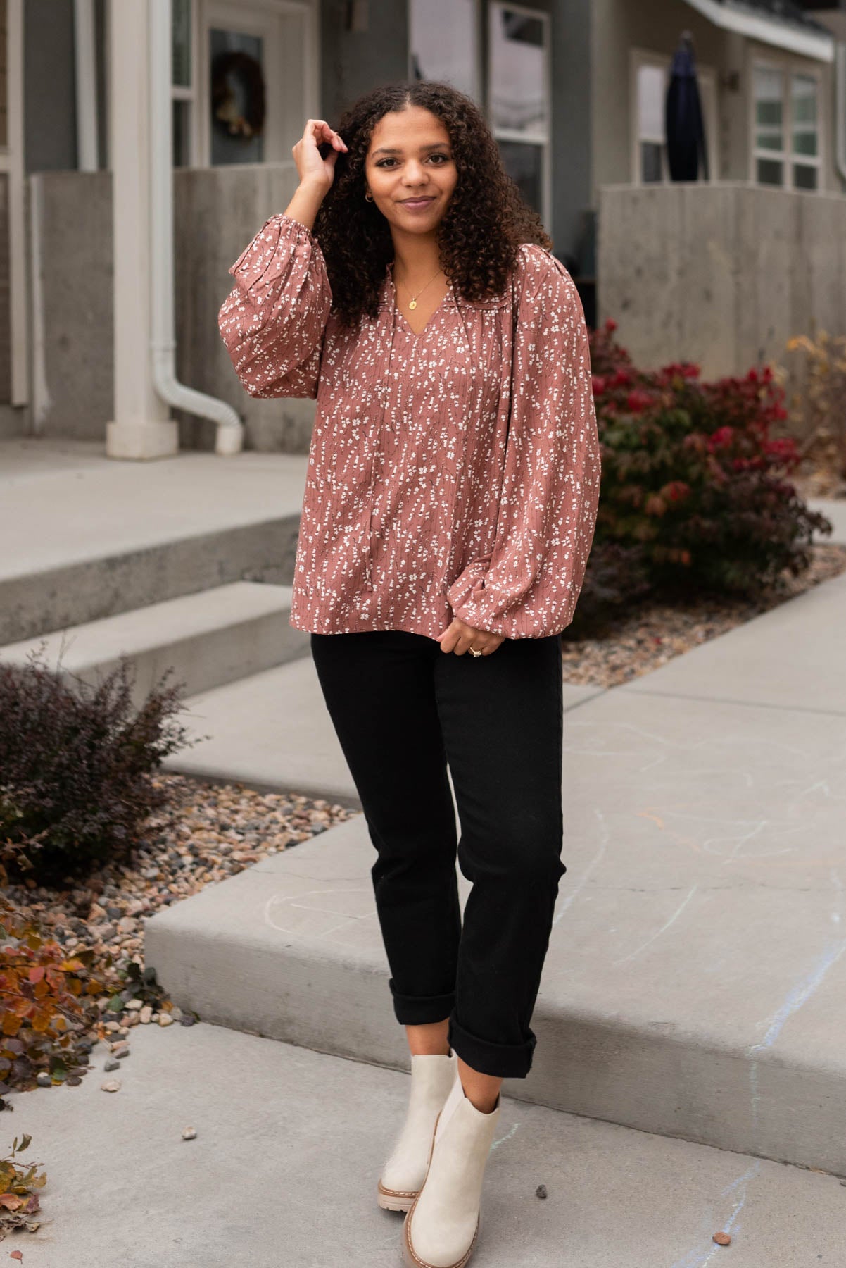 Marsala floral blouse with ties at the neck