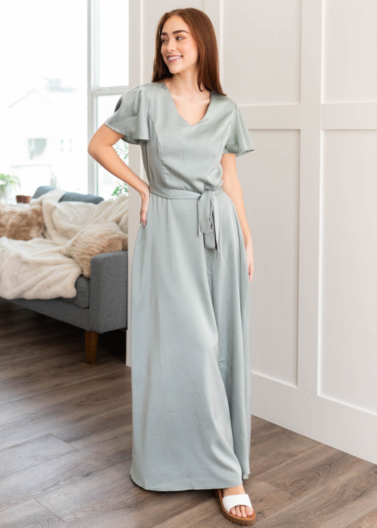 Short sleeve sage satin dress