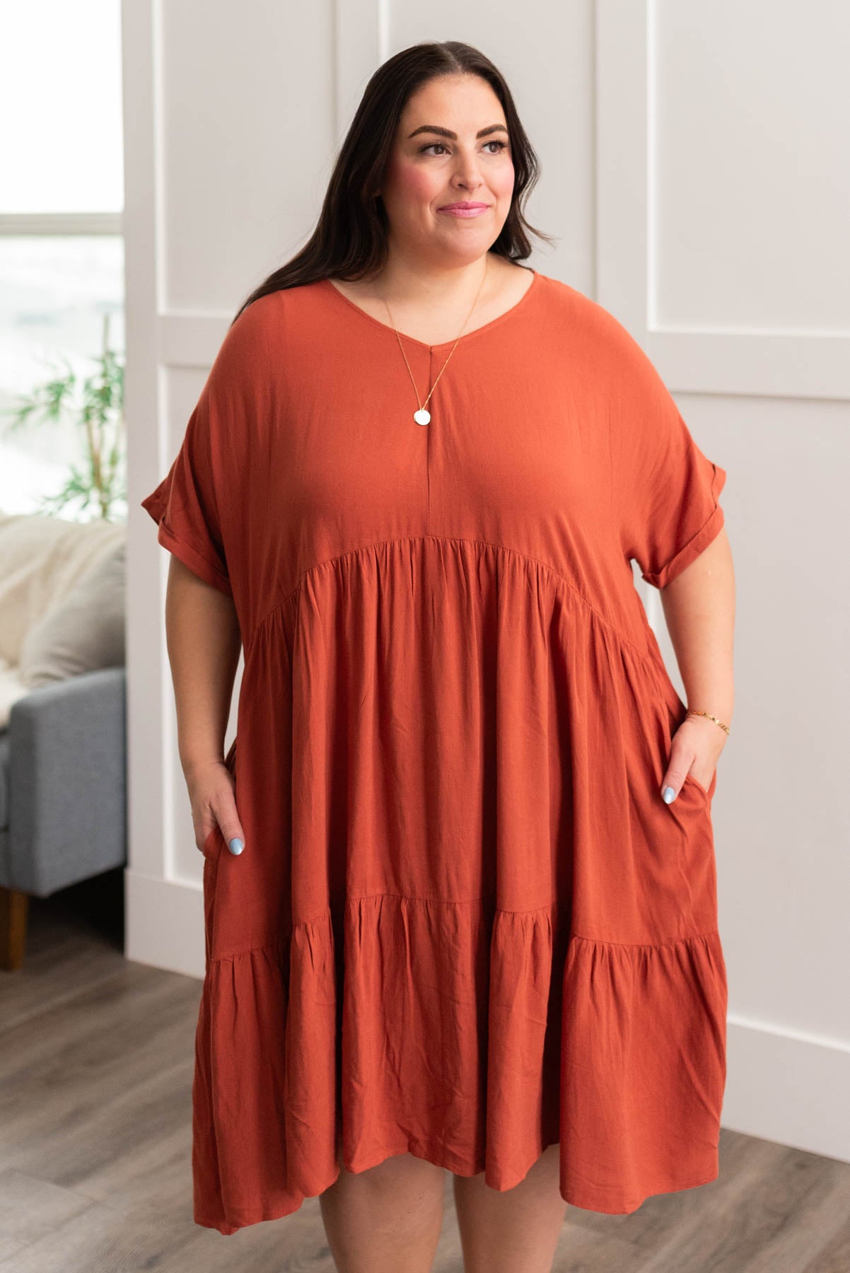 V-neck plus size cinnamon tiered dress