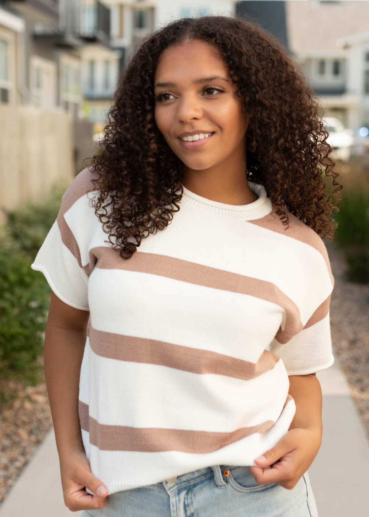 Small khaki stripe knit top