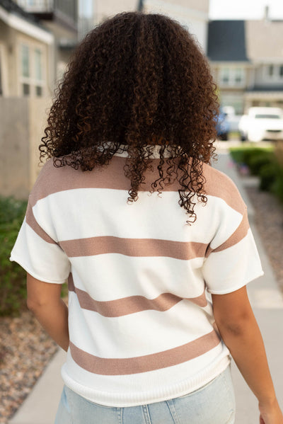 Back view of the khaki stripe knit top