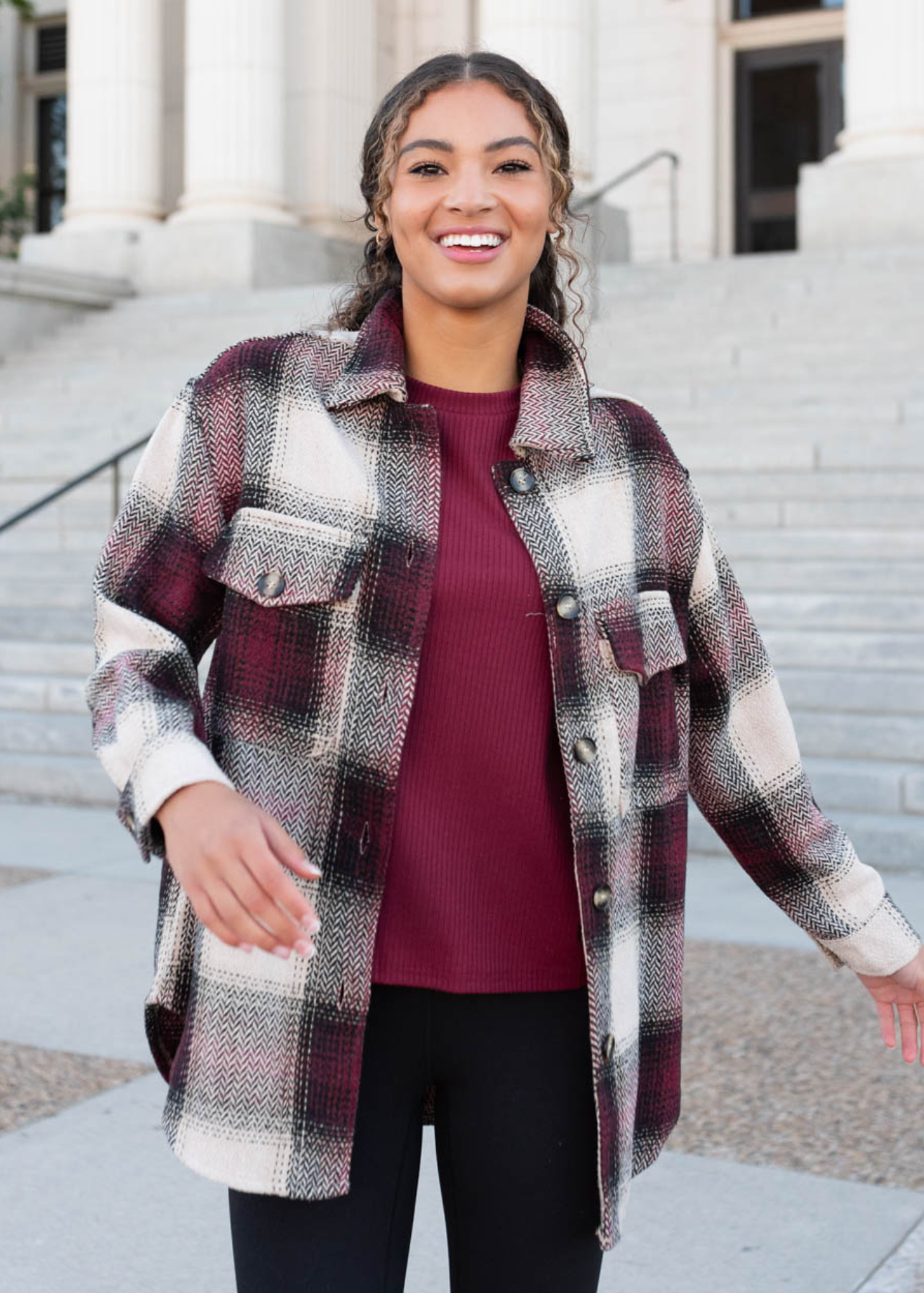 Burgundy pattern shacket with front pockets