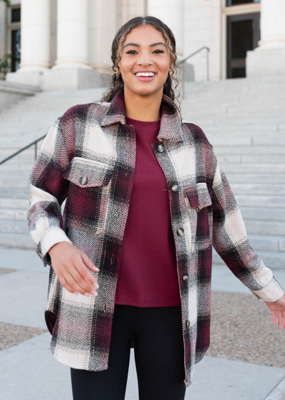 Burgundy pattern shacket with front pockets