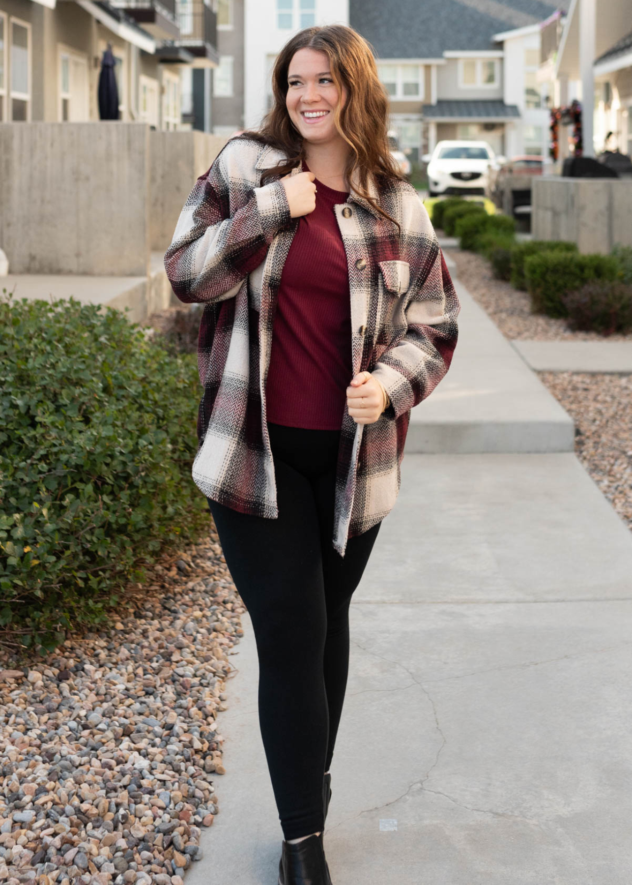 Long sleeve plus size burgundy pattern shacket