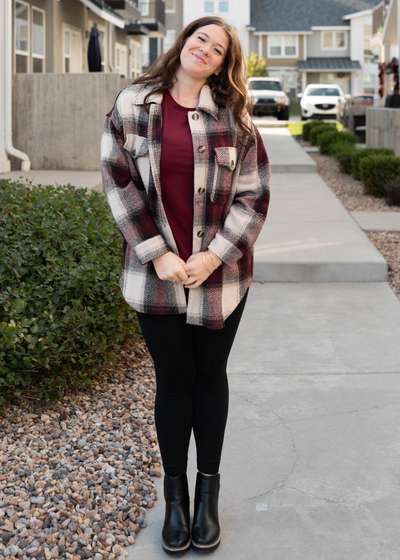 Plus size button up burgundy pattern shacket