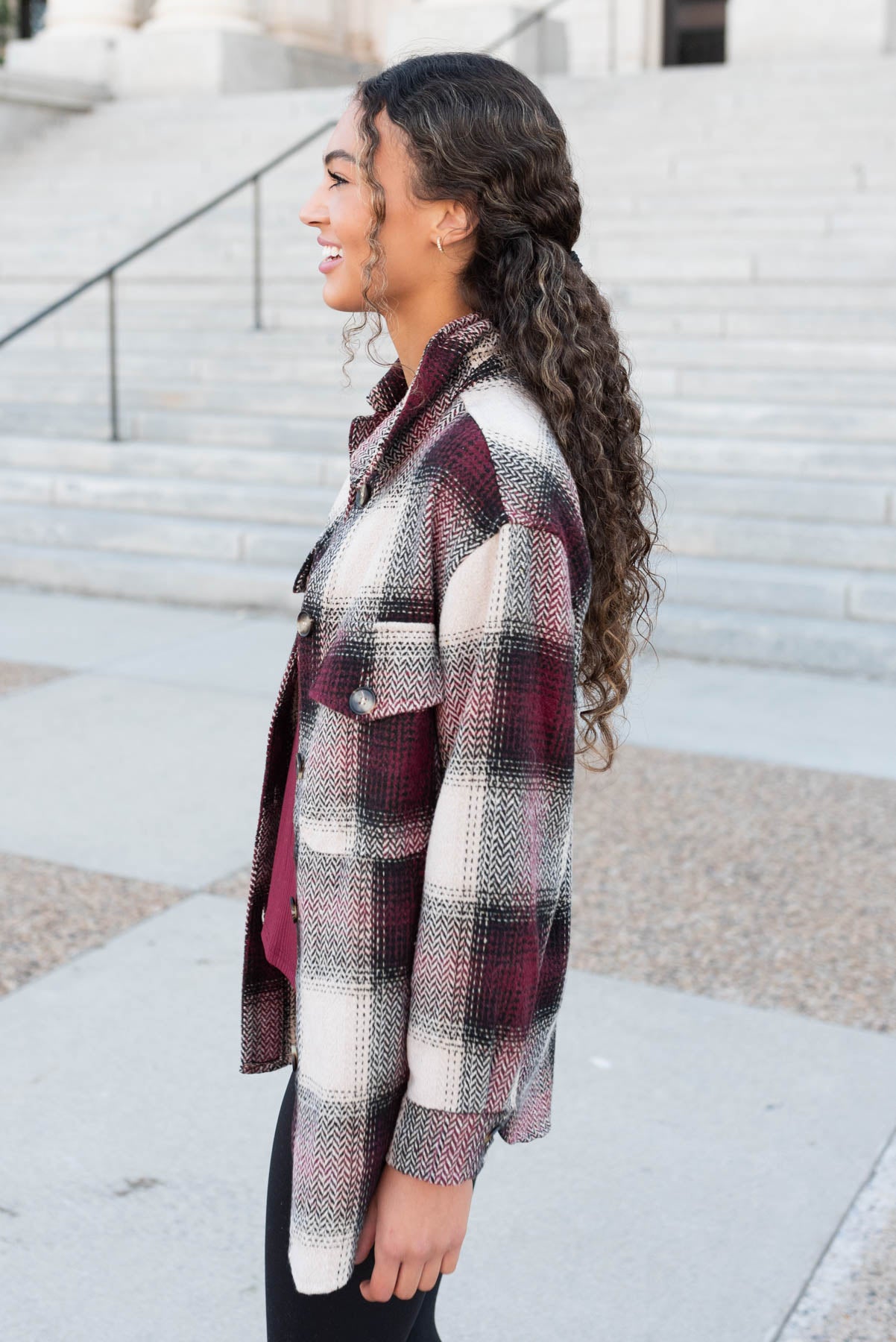 Side view of the burgundy pattern shacket