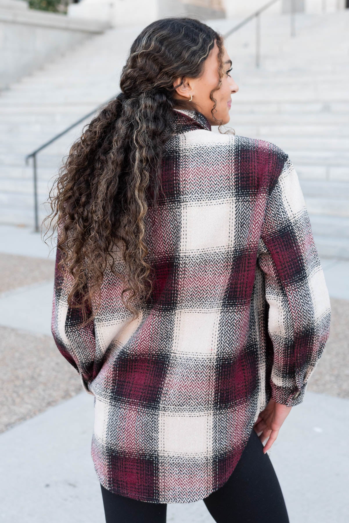 Back view of the burgundy pattern shacket