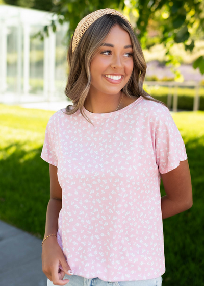 Pink floral top with short sleeves
