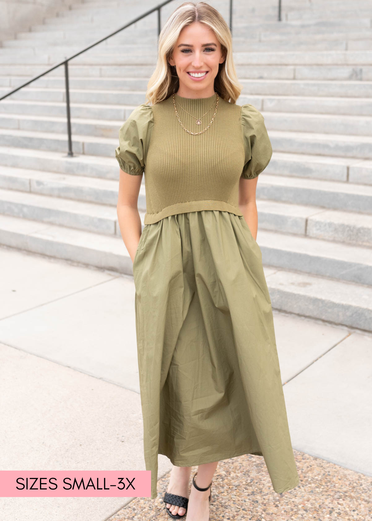 Olive knit bodice dress with short sleeves