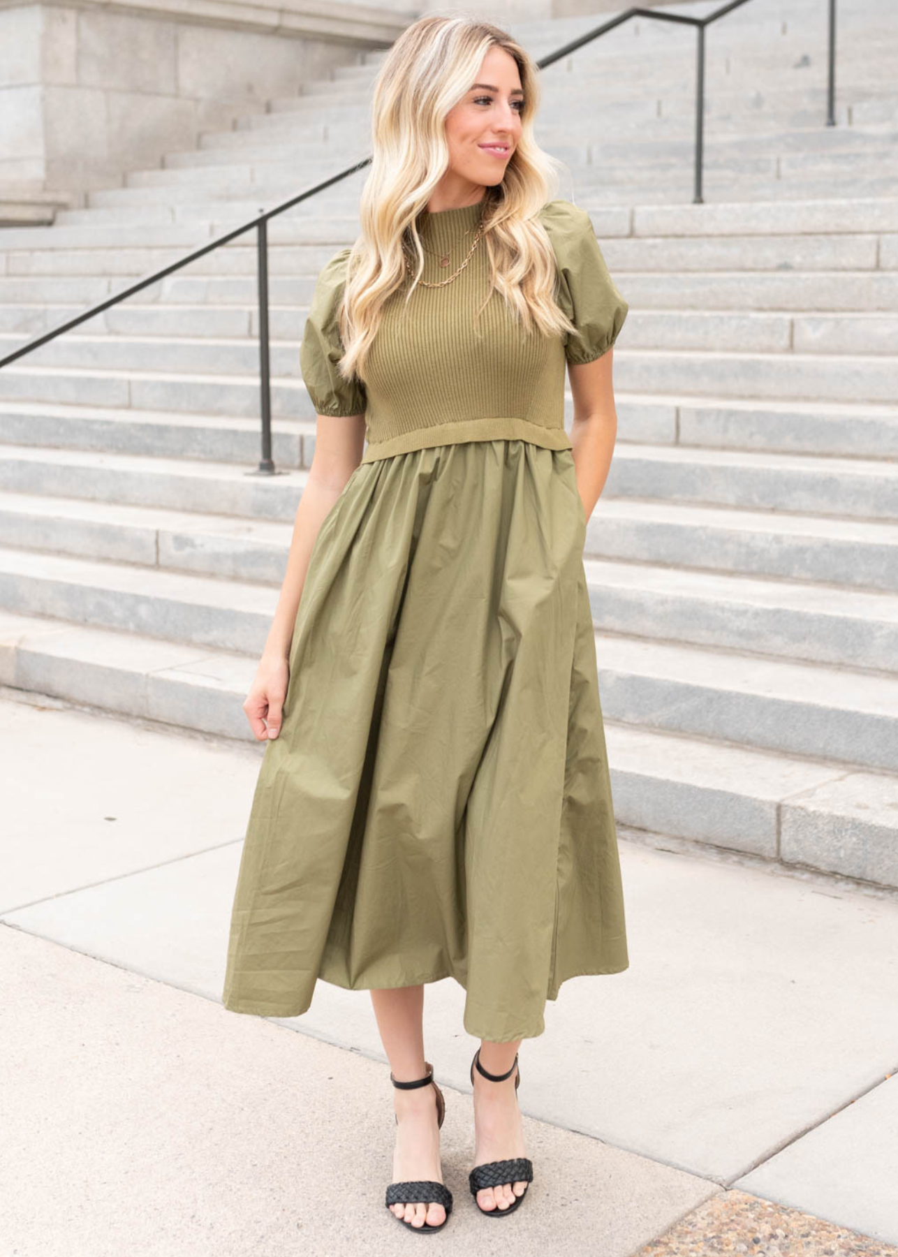 Olive knit bodice dress