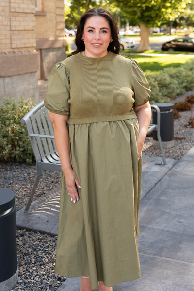 Plus size olive knit bodice dress with short sleeves