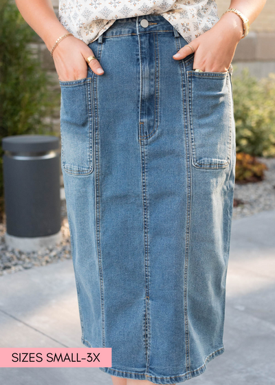 Indigo pencil skirt with front pockets