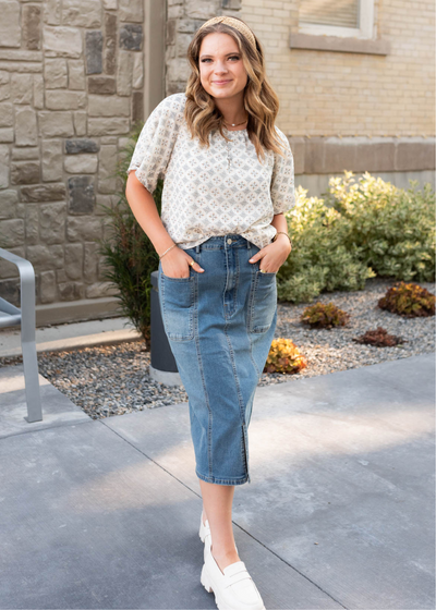 Indigo pencil skirt with front pockets