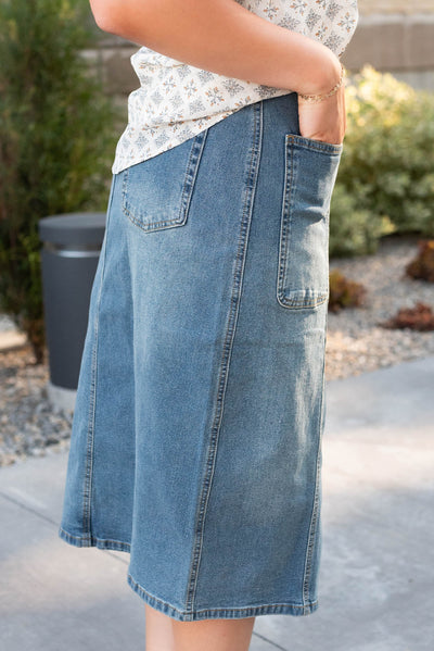 Side view of the indigo pencil skirt