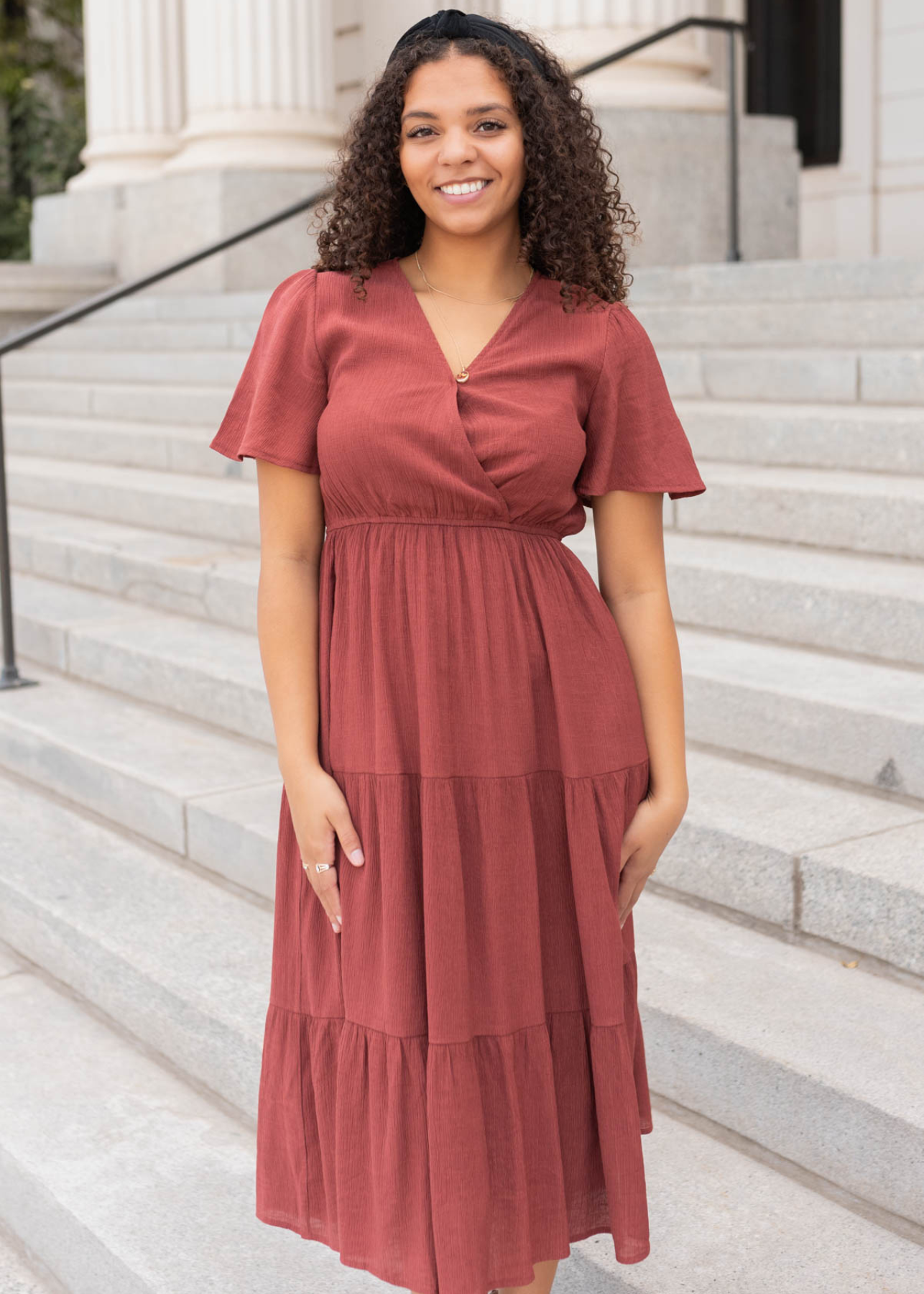 Short sleeve terracotta tiered wrap dress