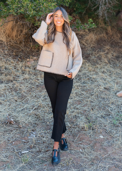 Taupe stitch pocket sweater with long sleeves