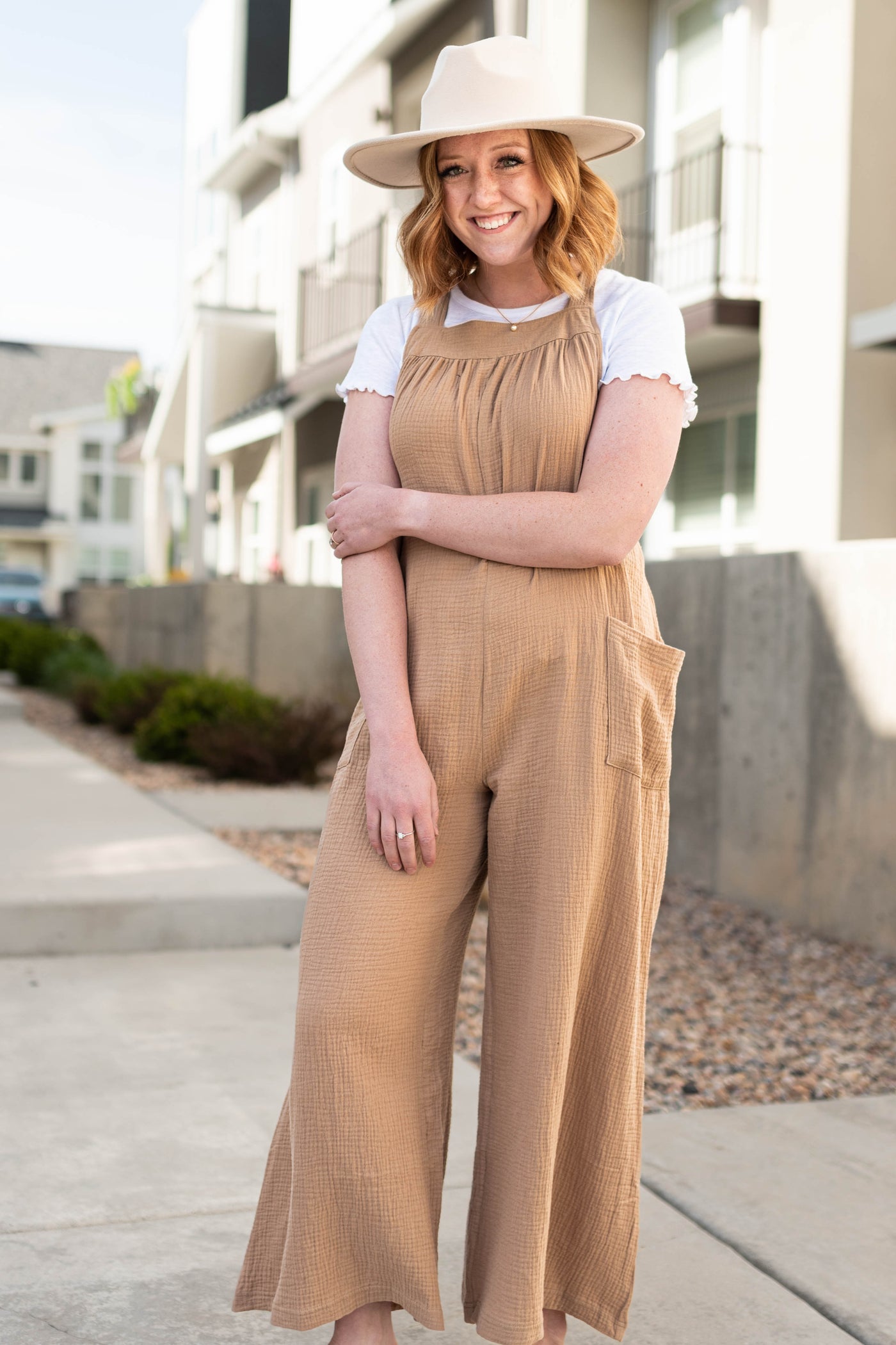 taupe wide leg jumpsuit.