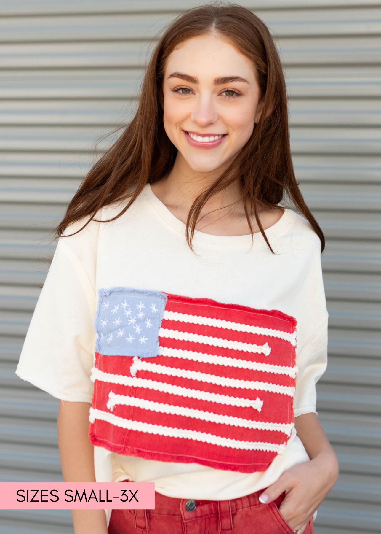 Close up of the ivory American flag patch top