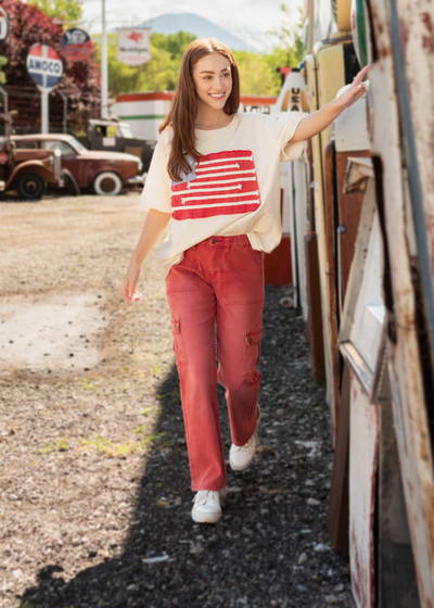 Ivory American flag patch top with short sleeves