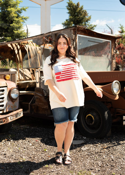 Plus size short sleeve ivory American flag patch top