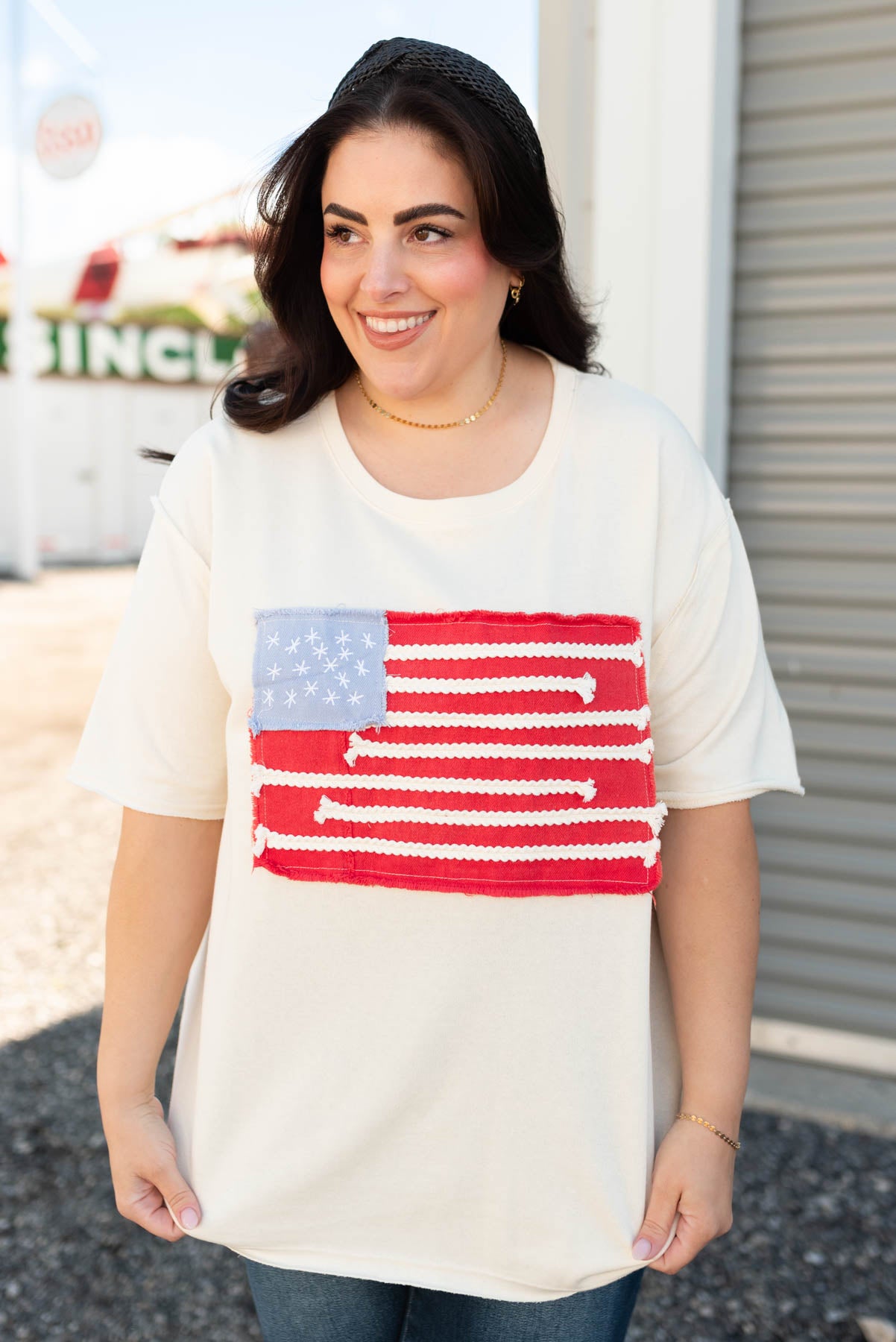 Ivory American flag patch top in plus size