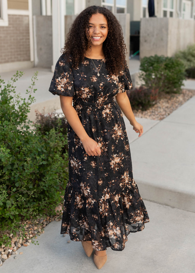 Short sleeve black floral dress