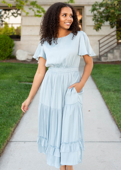 Light blue satin dress with pockets