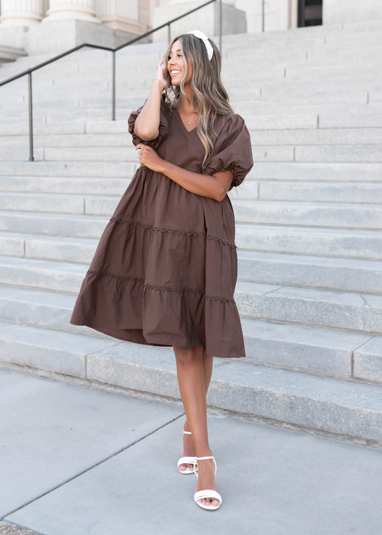 Brown tiered dress with short sleeves