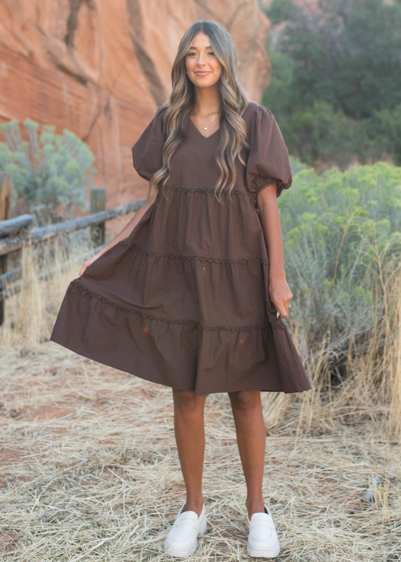 Brown tiered dress with v-neck