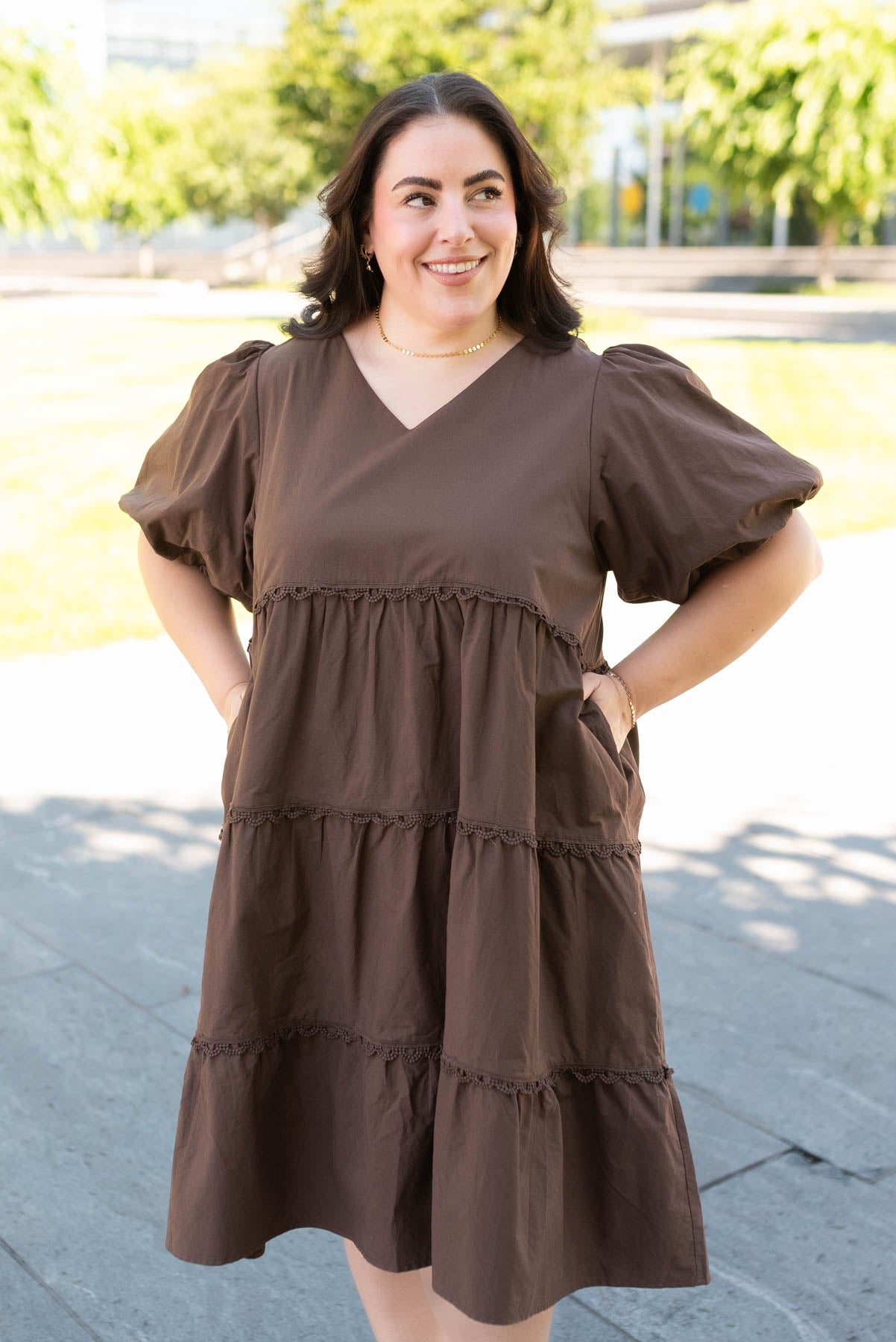 Plus size v-neck brown tiered dress