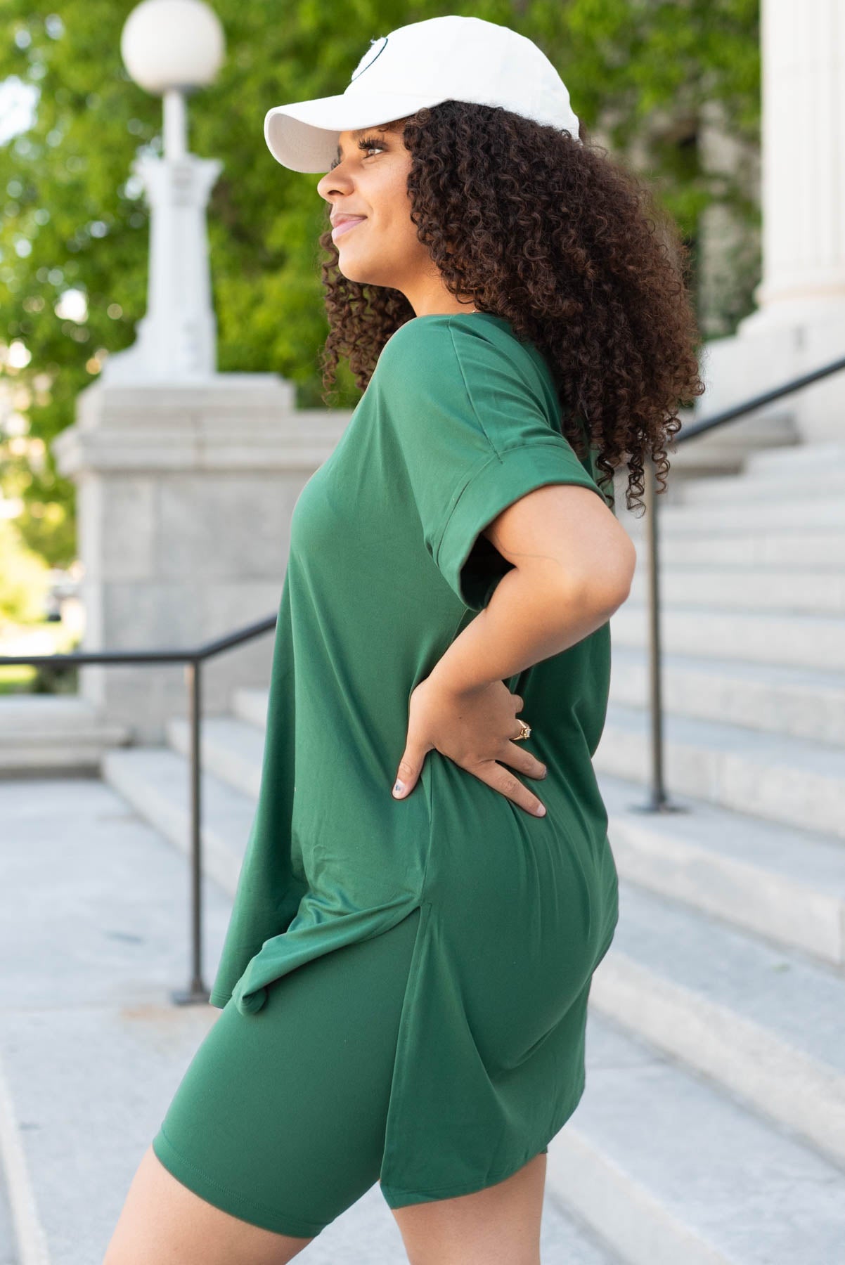 Side view of the dark green set with biker shorts