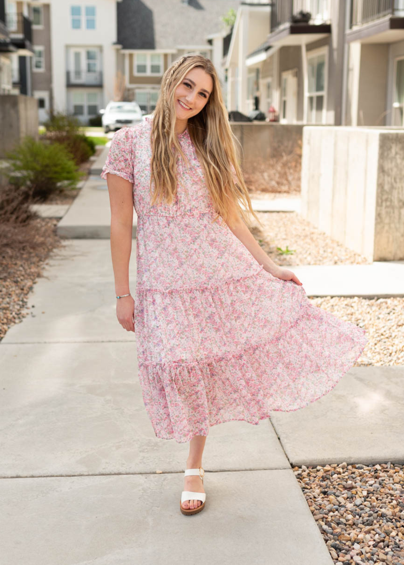 Pink Floral Tiered Dress