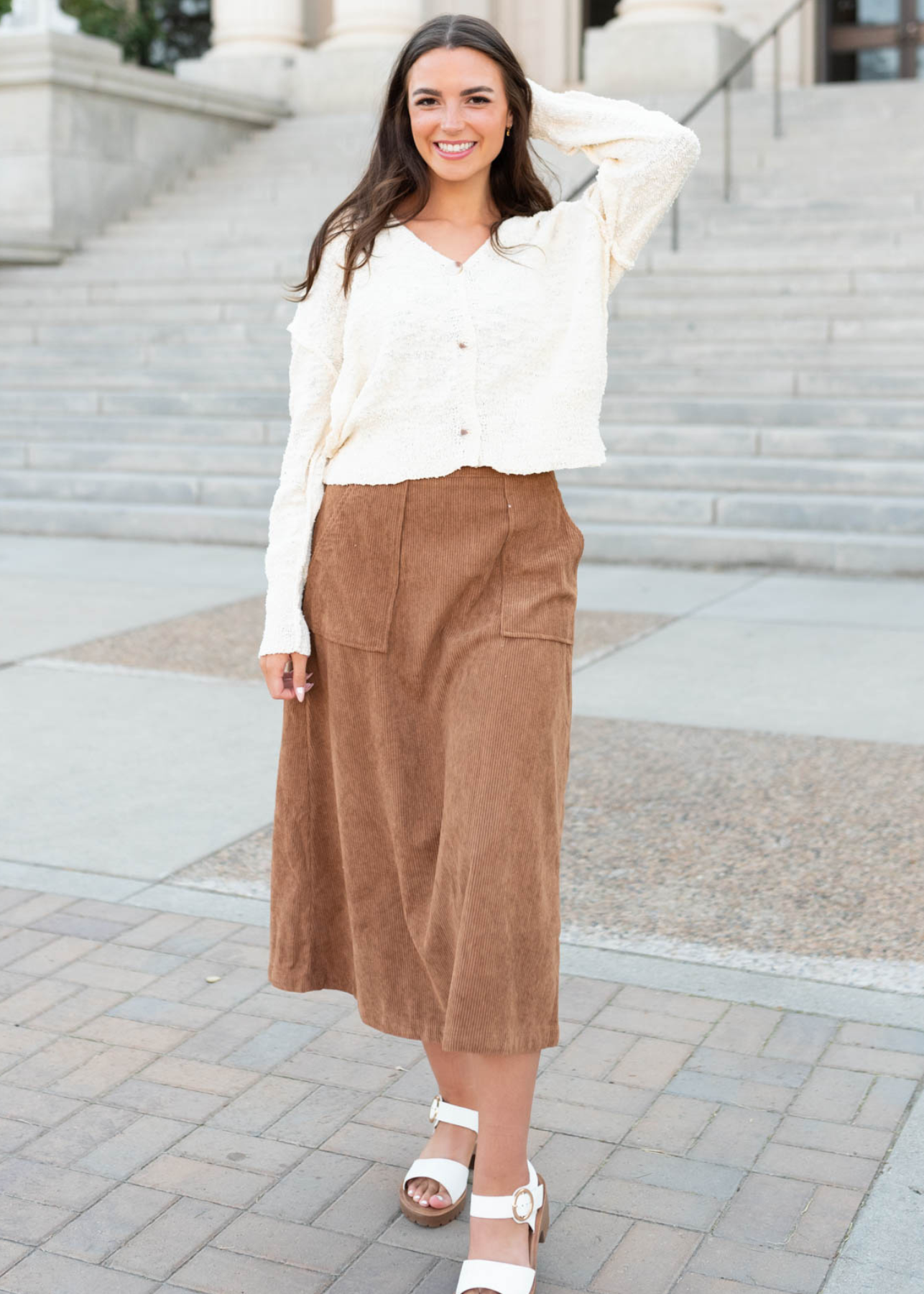 Midi length a-line chesnut corduroy skirt