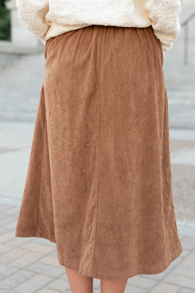 Back view of the chesnut corduroy skirt