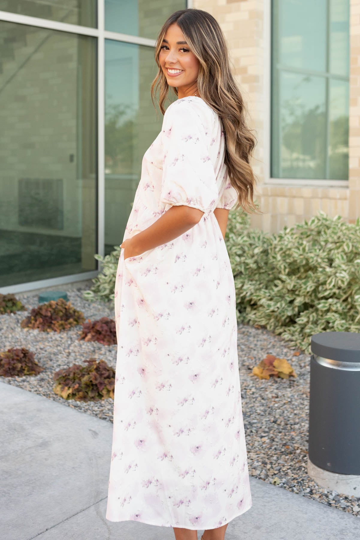 Side view of the lavender blush floral dress