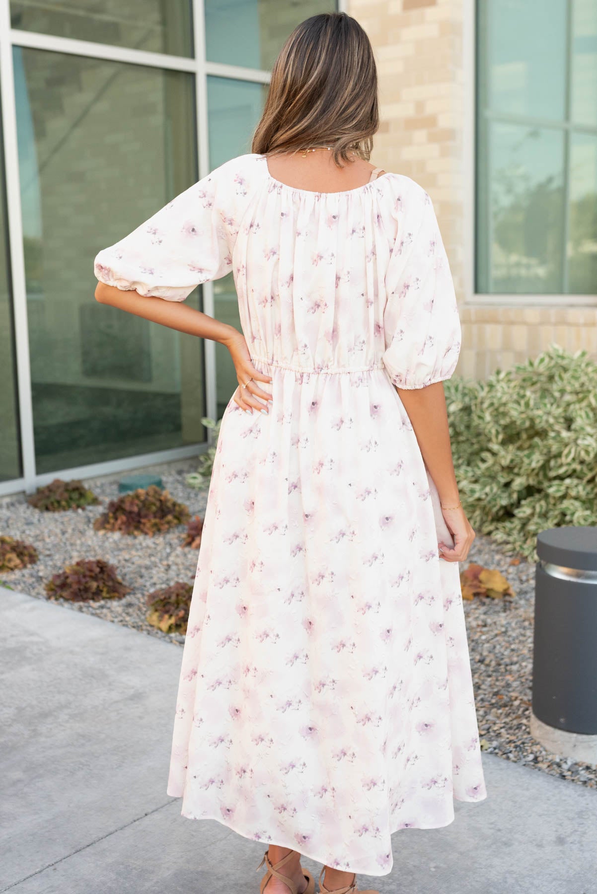 Back view of the lavender blush floral dress