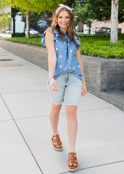 Denim blue floral top