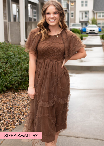 Brown smocked ruffle dress with short sleeves